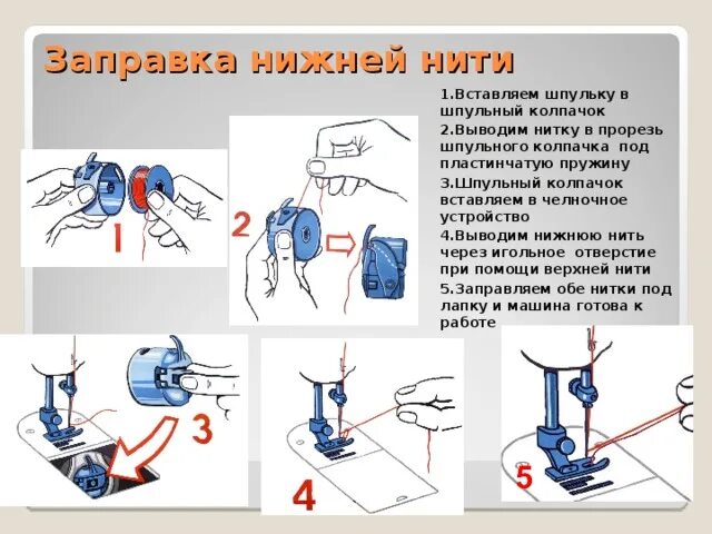 Как заряжать швейную машинку. Как заправить швейную машинку снизу шпулька. Как заправить нитку в швейную машинку. Как вдеть нитку в швейную машинку снизу. Швейная машинка ПМЗ схема заправки нижней нити.