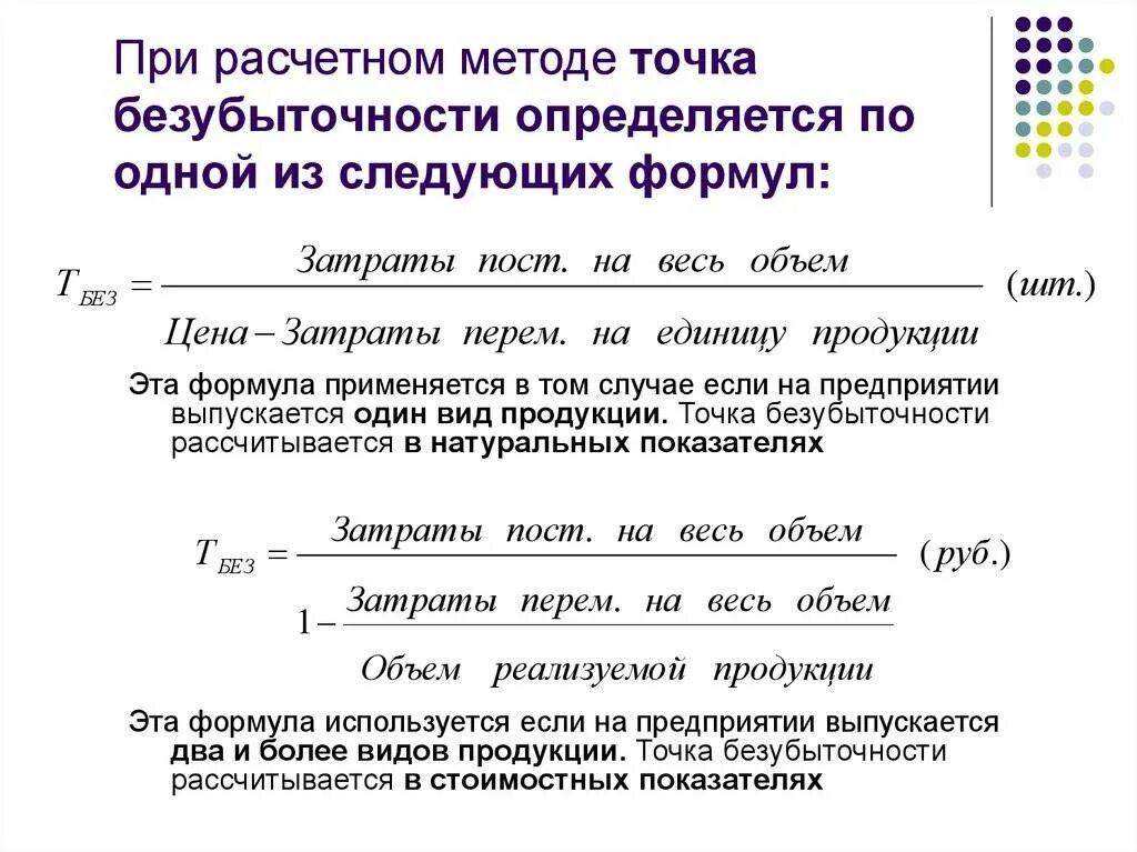 Как определить количество продаж. Формула для расчета точки безубыточного. Определить точку безубыточности формула. Точка безубыточности в стоимостном выражении формула. Выручка в точке безубыточности формула.