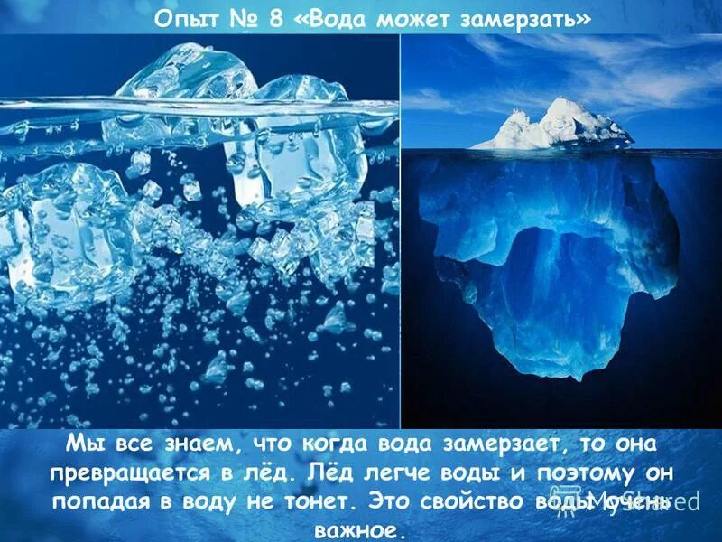 Почему айсберги не тонут физика. Лед легче воды. Вода со льдом. Опыт лед легче воды. Лед не тонет в воде.