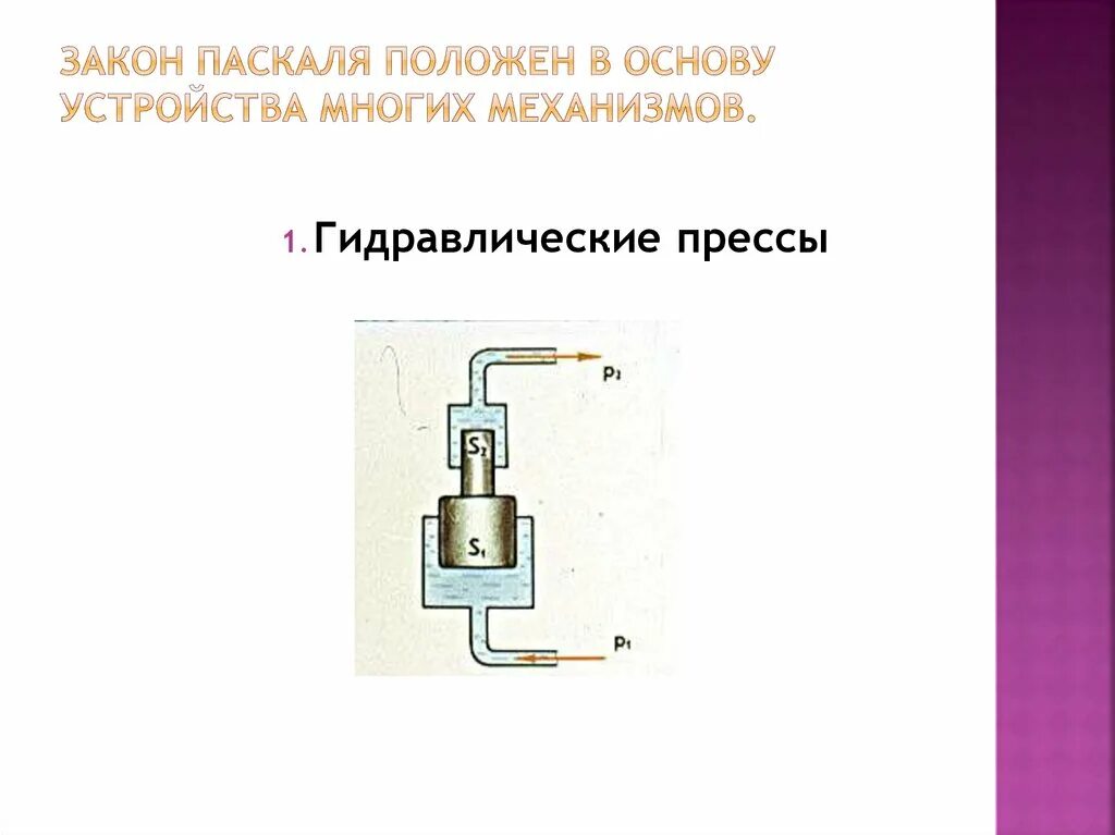 В основе устройства. Гидравлический пресс Паскаля. Закон Паскаля гидравлический пресс. Проект гидравлические механизмы. Закон закон Паскаля.