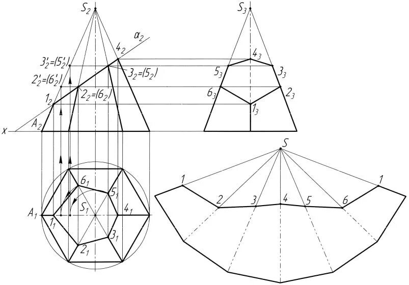 Развертка шестиугольной пирамиды чертеж. Комплексный чертеж шестигранной пирамиды. Шестиугольная пирамида сбоку. Усеченная шестиугольная пирамида. Сечение поверхности и пирамиды