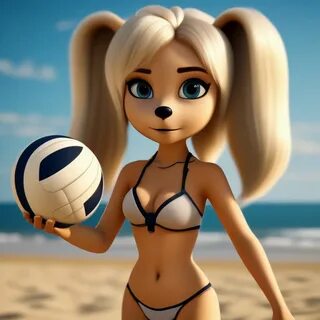 Роза Барбоскина в минибикини играет в пляжный волейбол в лучах солнца, муль...