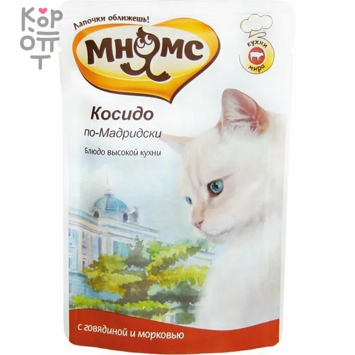 Мнямс паучи для котят цыпленок "маренго" 85 г. Корм для кошек Мнямс косидо по-мадридски с говядиной и с морковью 85 г. Мнямс влажный корм для кошек. Мнямс консервы для кошек.