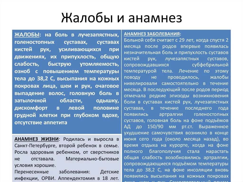 Анамнез боли. Жалобы анамнез заболевания. Системная красная волчанка жалобы.