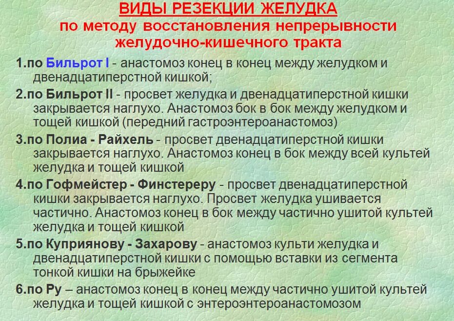 Методы резекции желудка. Анастомоз желудка и двенадцатиперстной кишки. Анастомоз культи желудка. Операция желудка кишечника