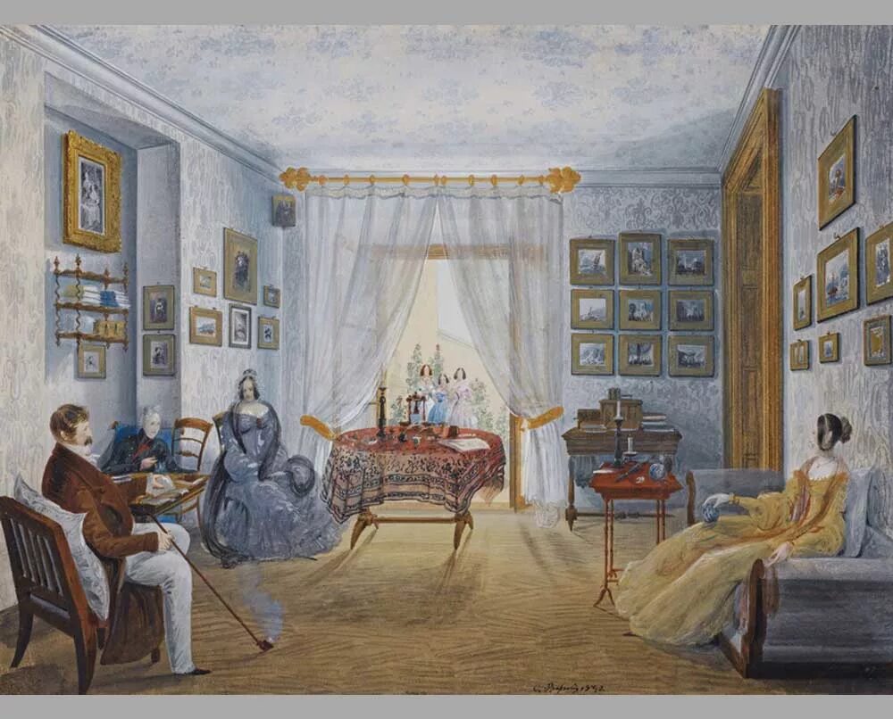 Приютино. Акварель и.а. Иванова. 1825 Г. Карло Боссоли картины Мисхор. Ф. Г. Солнцев. Гостиная в доме Олениных в Приютино. 1834 Г.. Интерьер дворянской усадьбы 19 века. Быт помещиков 19 века