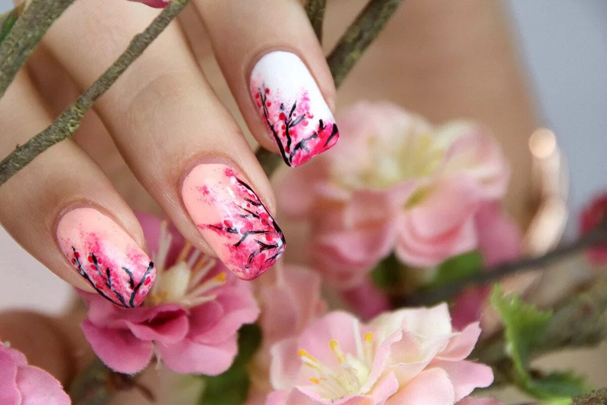 Сакура Нэилс. Ногти с цветочками. Весенние ногти. Дизайн ногтей сакура