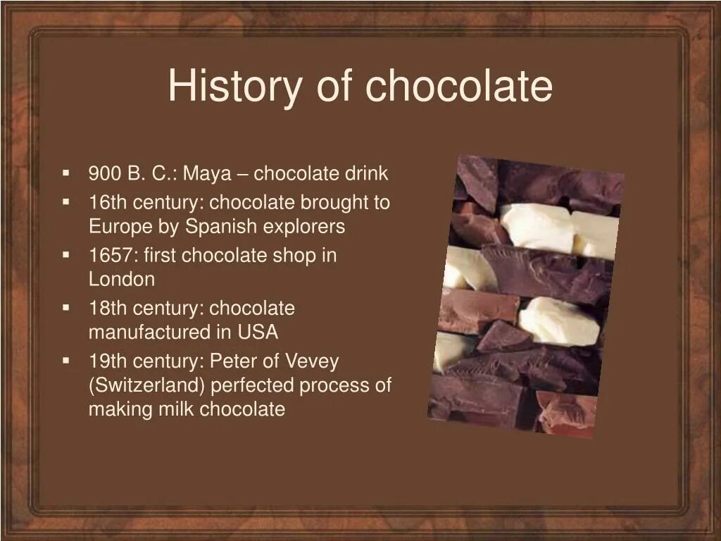 Как будет по английски шоколад. Chocolate presentation. History of Chocolate. Types of Chocolate. The History of Chocolate ответы.