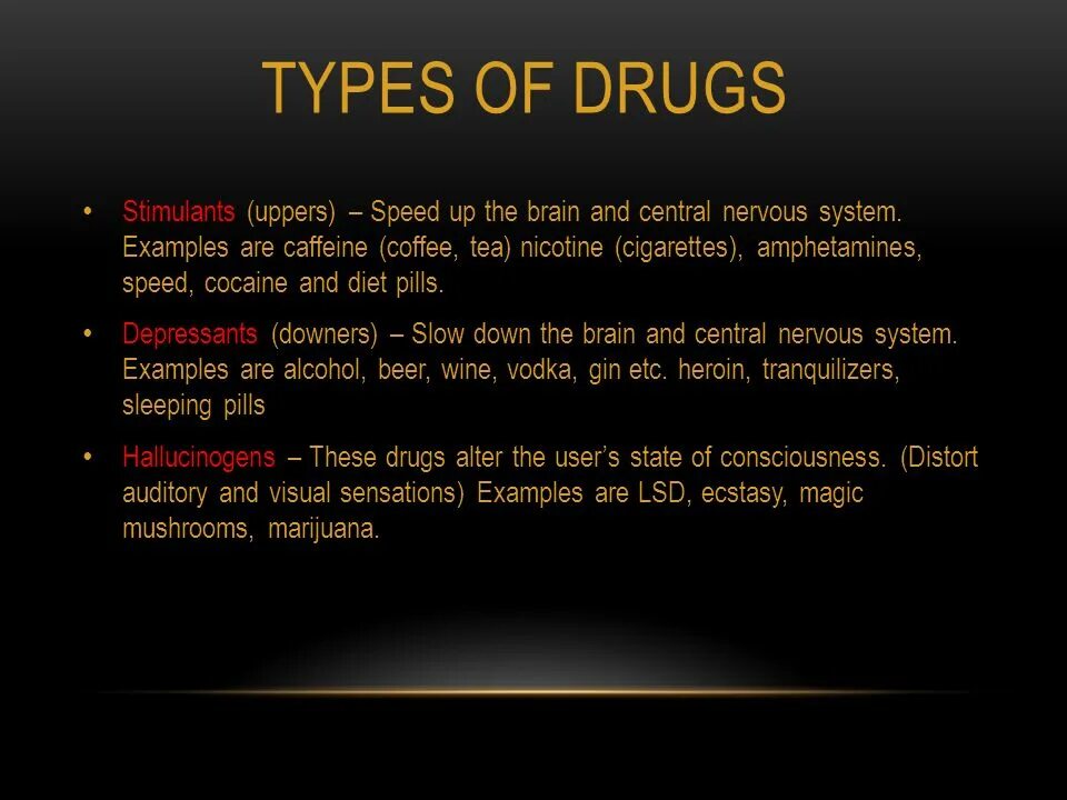 Types of drugs. Types of drugs in English. Presentation about drugs. Types of drug in CNS.