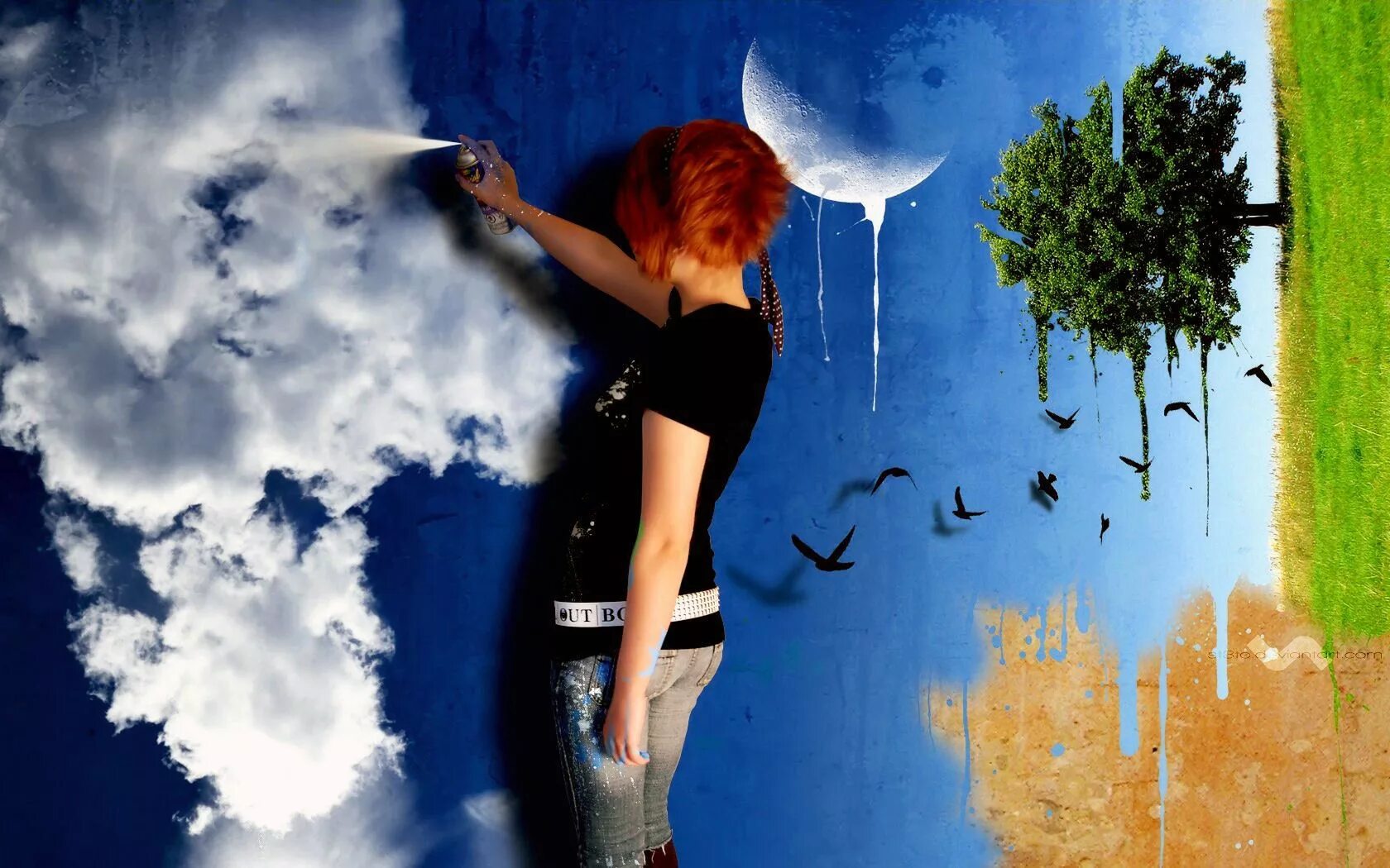 В каждом мире я другой. Человек творит свой мир. Девушка рисует на стене. Творческая девушка. Девушка в краске.
