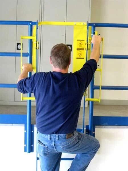 Self closing. Safety gates. ladder fall protection. self closing gravity swing safety. ladders with angle more than 45 safety.