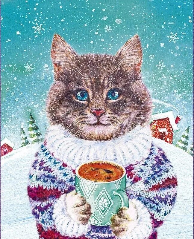 Доброе февральское утро с животными. Новогодний котик. Кот в свитере. Зимние коты. Котик в шарфике зимой.