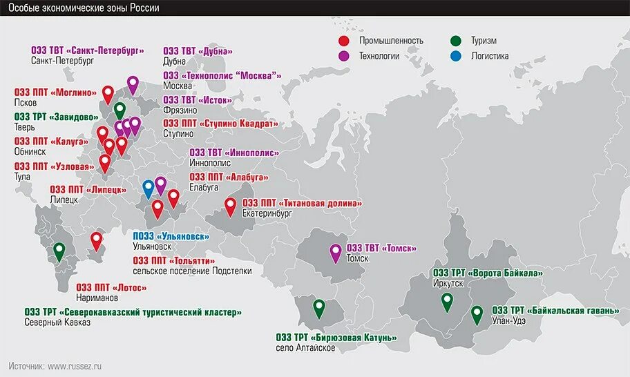 Сколько зон в рф. Карта свободных экономических зон России. Карта особых экономических зон России. Схема расположения ОЭЗ В России. Особые экономические зоны в России.