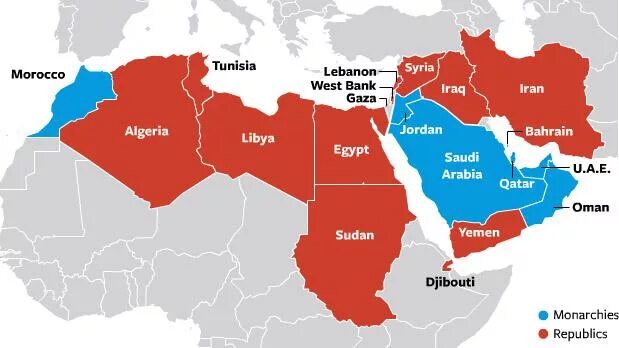 Карта арабских государств, Ближний Восток. Арабские страны на карте. Страны арабского региона.