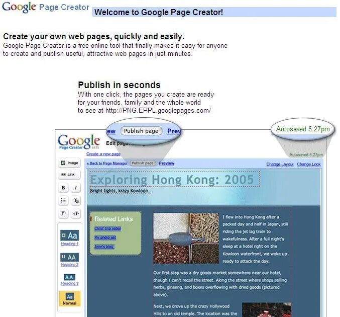 Pages creator. Google page creator.