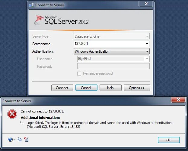 MSSQL connect with Windows authentication. Как исправить ошибку с подключением к SQL. Login failed. The login is from an Untrusted domain and cannot be used with Windows authentication. The login is from an Untrusted domain and cannot be used with Windows authentication.