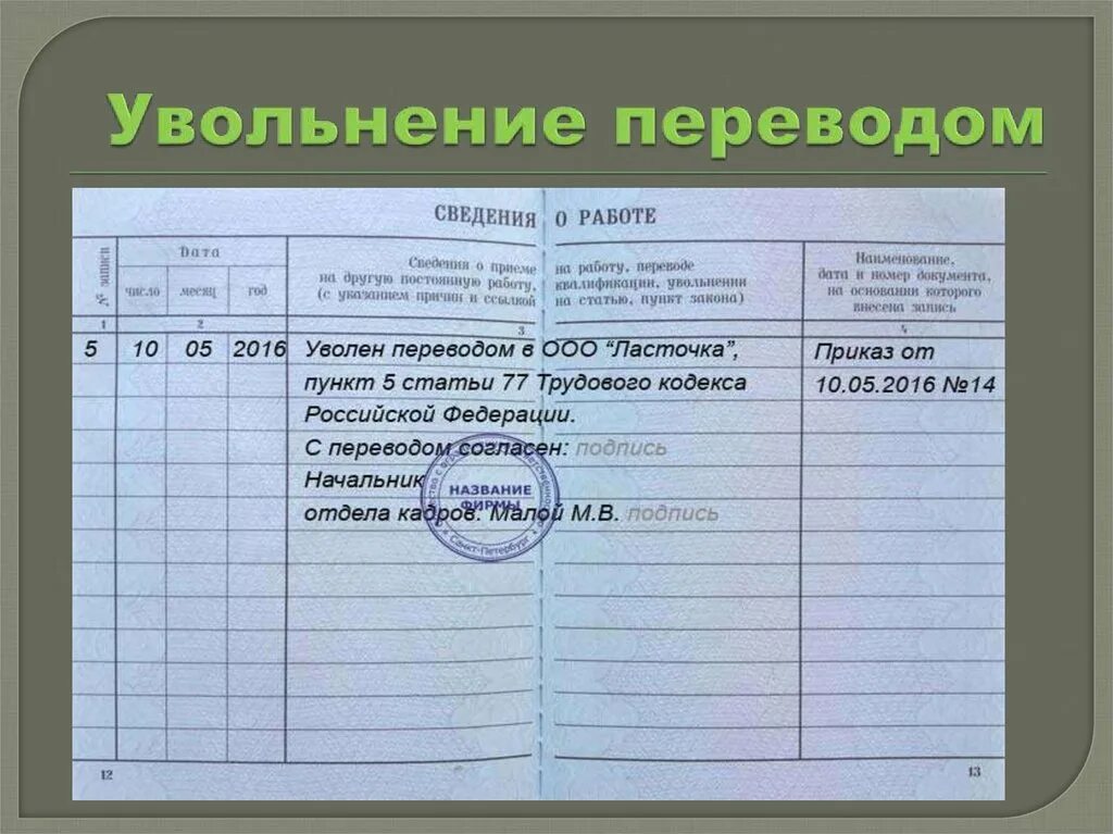 Уволили через 2 месяца работы. Запись об увольнении переводом. Увольнение переводом. Уволен переводом. Оформление трудовой книжки презентация.