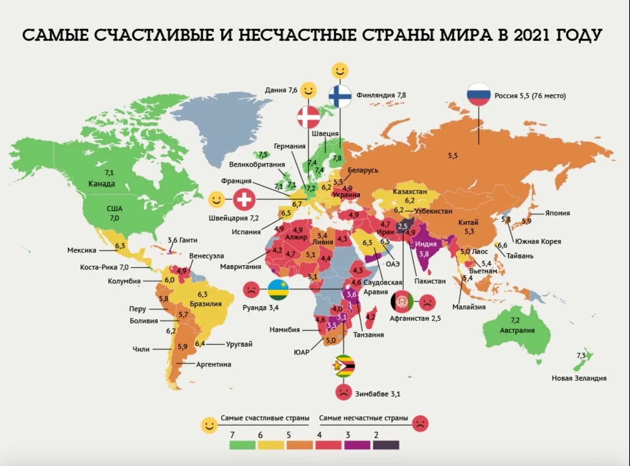 Самые счастливые государства. Рейтинг счастья по странам 2024
