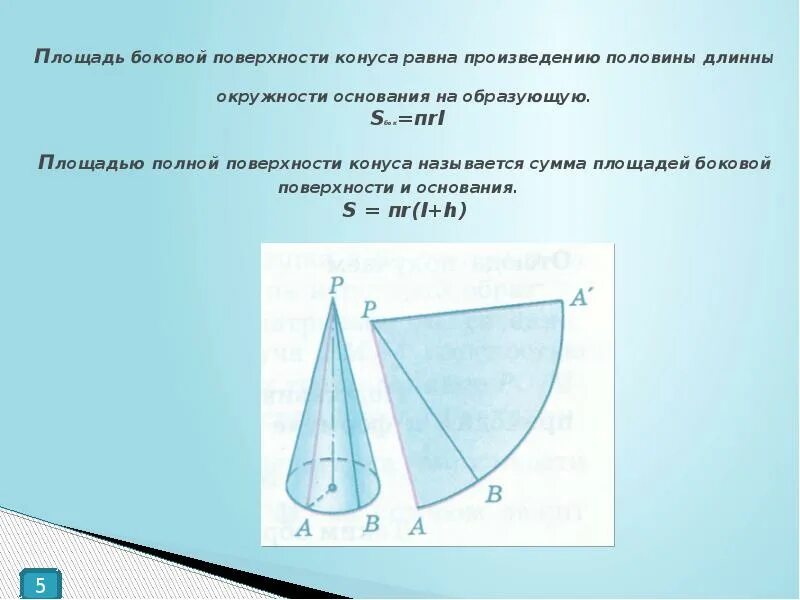 Площадь боковой поверхности конуса равна. Площадь полной поверхности конуса. Формулы конуса 11 класс площадь поверхности. Формула боковой поверхности конуса.