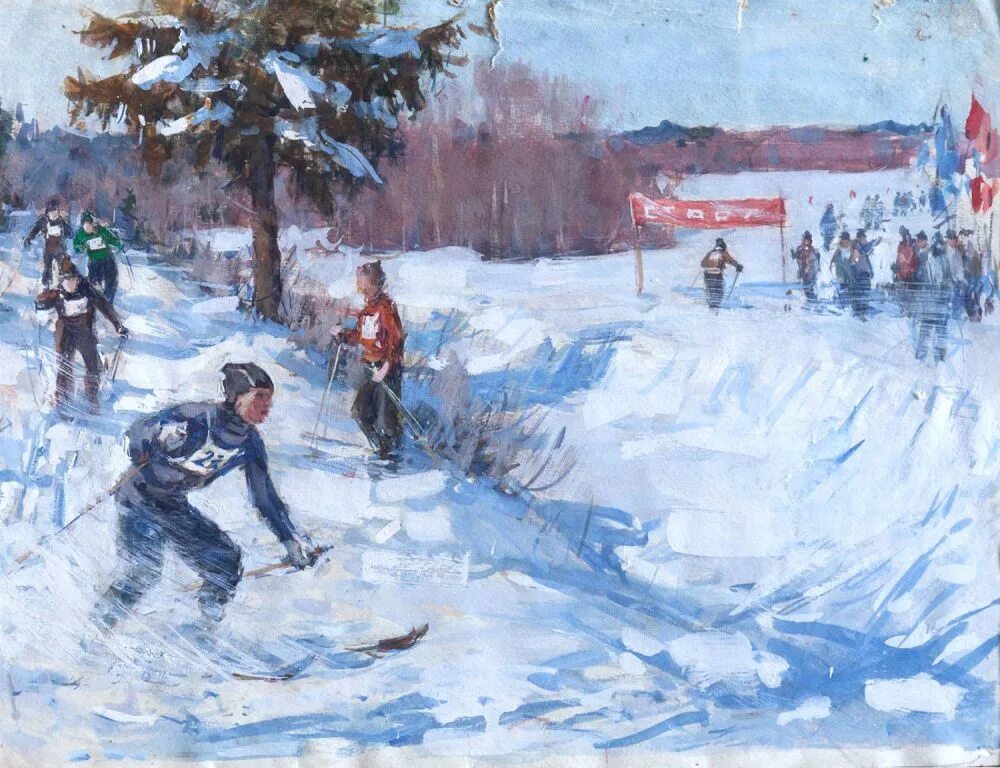 Картина лыжники. Кустодиев лыжники картина. Кустодиева лыжники. Кустодиев зима лыжники. Лыжники в Советской живописи.