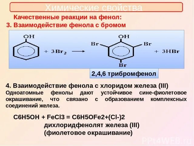 Фенол и хлорид железа реакция. Фенол реакции. Качественная реакция на фенол. Качеств реакция на фенол. Реакция фенола с бромом.