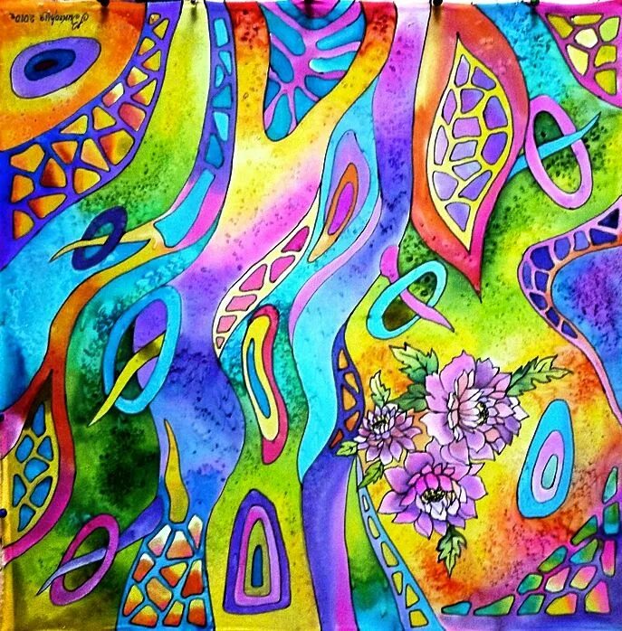 Изображение изделий выполненных в технике батика. Батик роспись. Батик платок. Роспись по ткани абстракция.