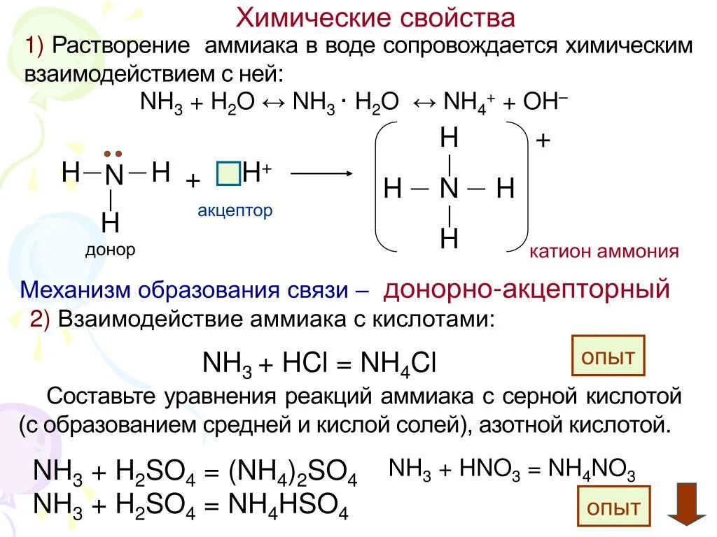 Реакция аммиака с концентрированными кислотами. Реакция образования аммиака. Химические свойства аммиака формулы. Взаимодействие аммиака с водой уравнение. Химические свойства аммиака реакции.