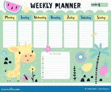 Kids Weekly Calendar Planner with Giraffe Stock Vector - Illustration.