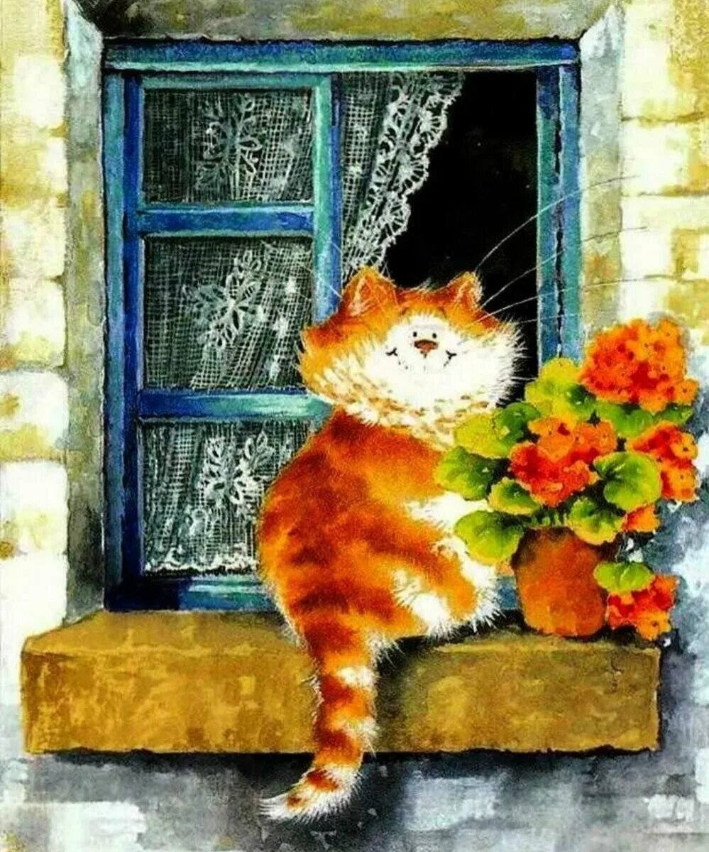 Доброе весеннее утро с котятами. Кошки на окошке. Кошка на окне. Осень кот на окошке.