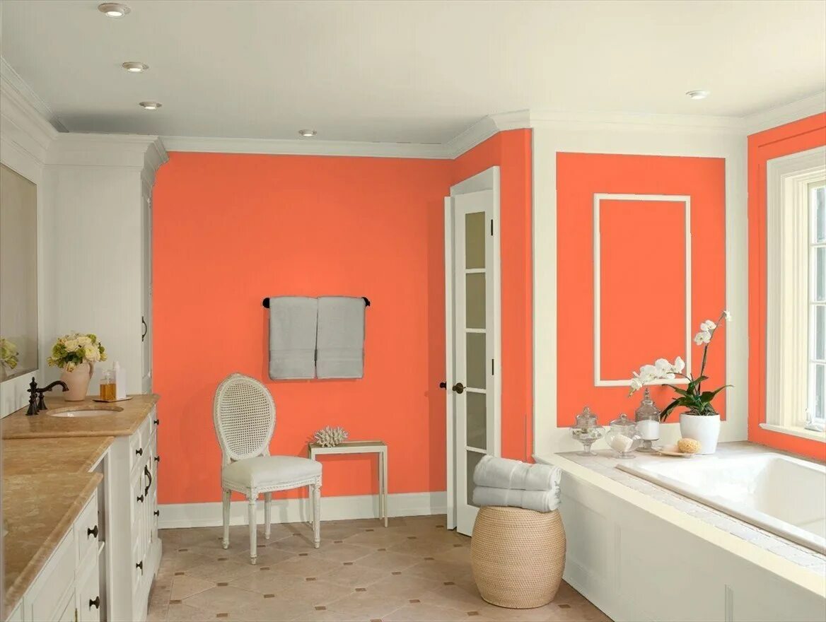 Персиковый цвет краски для стен. Покрашенные стены. Крашенные стены в интерьере. Коралловый цвет краска для стен. Краски под обои цвета