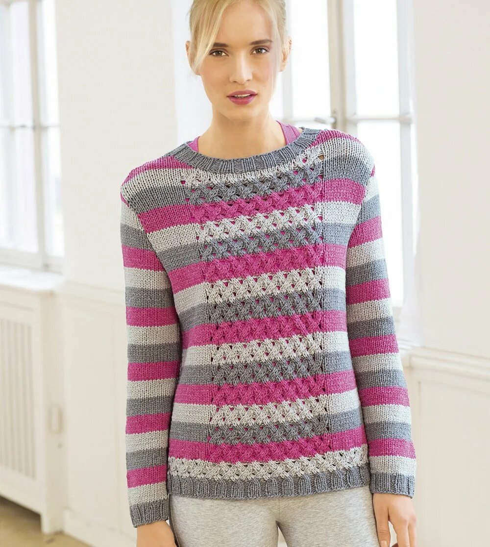 Свитера в полоску женские вязаные спицами. Безрукавка из разноцветной пряжи. Вязать полосками. Свитер в полоску. Полосатый пуловер верена.