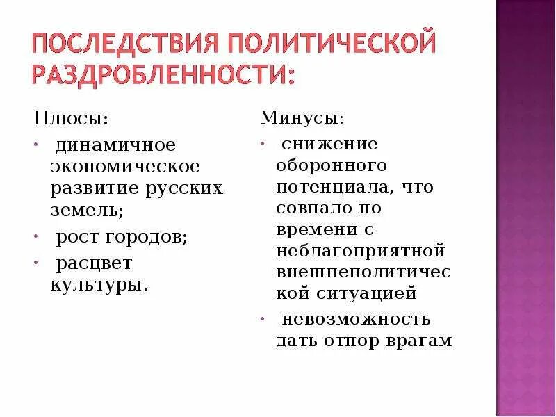 Последствия политической раздробленности история 6 класс. Плюсы феодальной раздробленности на Руси. Плюсы и минусы политической раздробленности. Плюсы и минусы раздробленности Руси. Плюсы и минусы политической раздробленности на Руси.