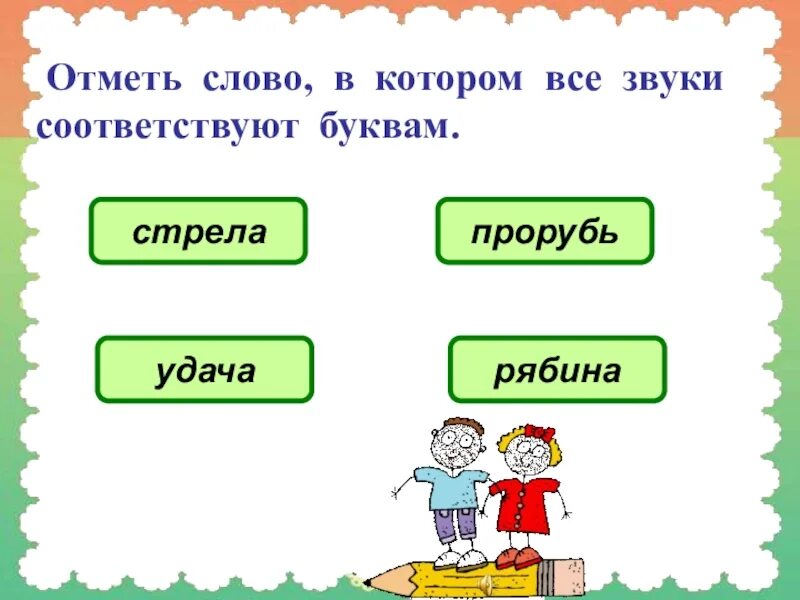 Нужно отметить слово в котором слово. Слова в которых все буквы соответствуют звукам. Слова в которых 1 буква соответствует звуку. Проведу слово. Слова в которых 1 буква не соответствует звуку.