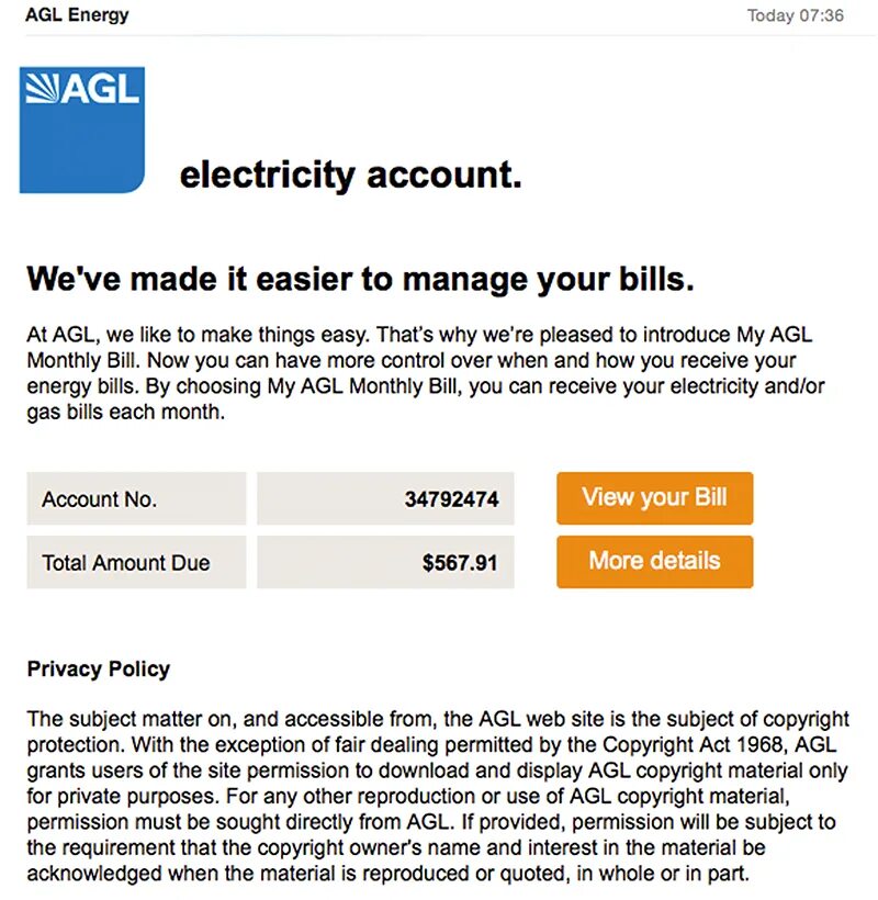 Billing email. Agl electricity bill. private details. australia post email scam. database germany trojan email accounts.