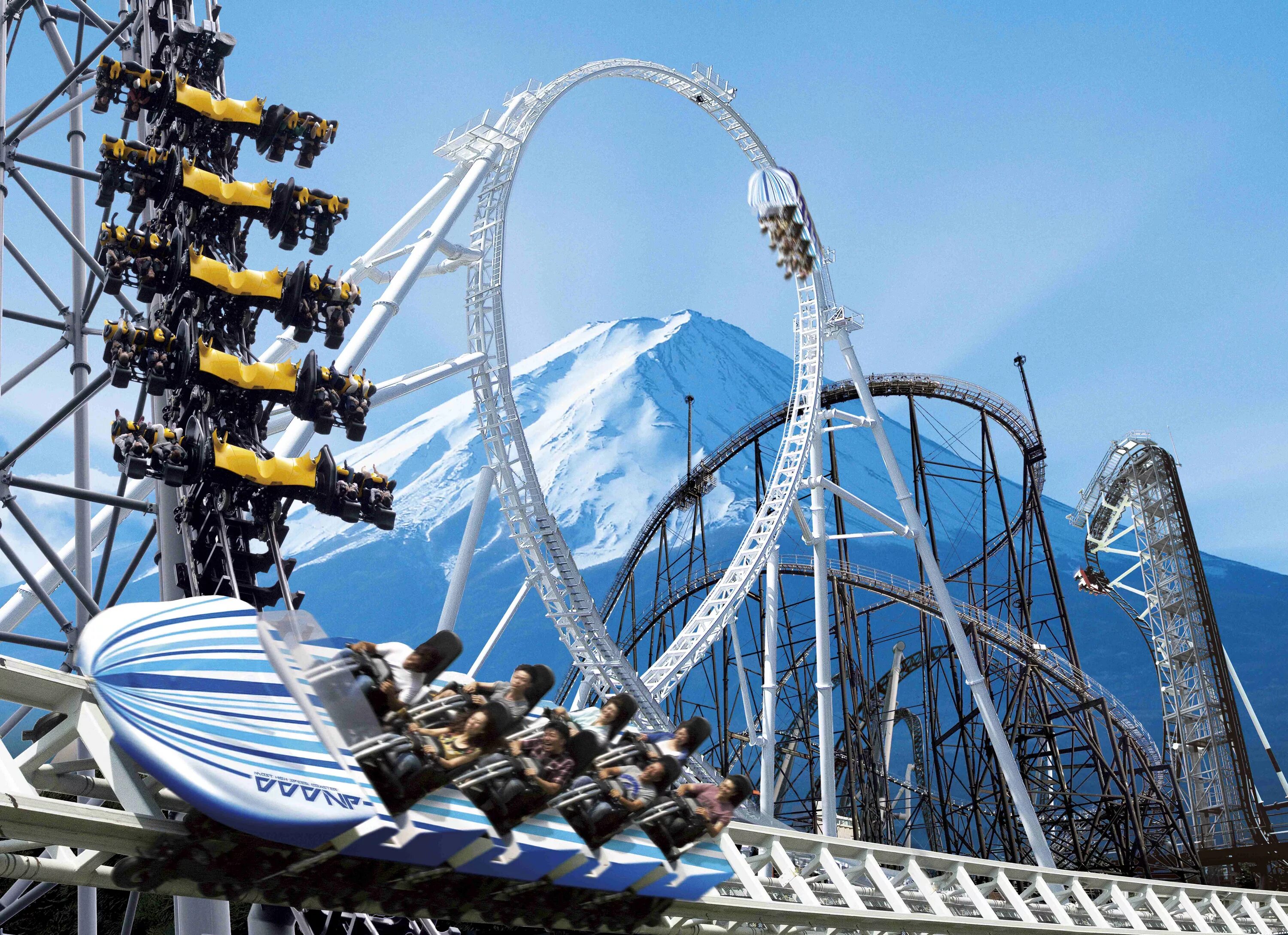 Фуджи Кью парк аттракционов в Японии. Парк развлечений Fuji-q Highland. Takabisha (парк Fuji-q Highland), Фудзиёсида, Япония.. Фуджи американские горки Япония. Основные развлечения