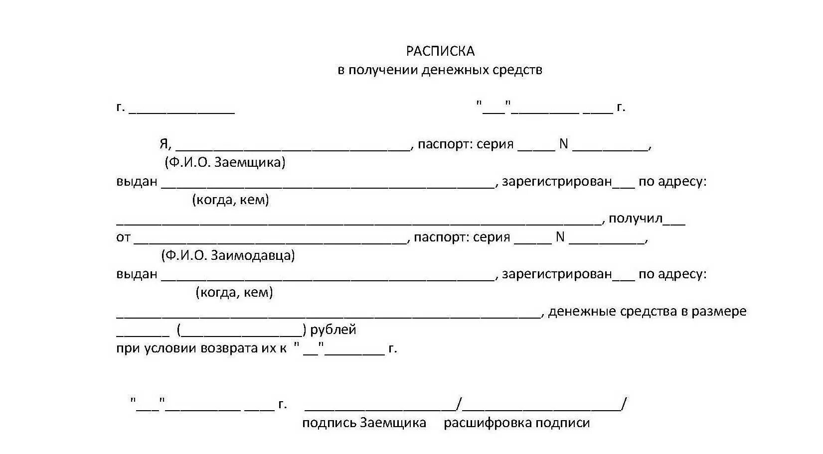 Форма долговой расписки