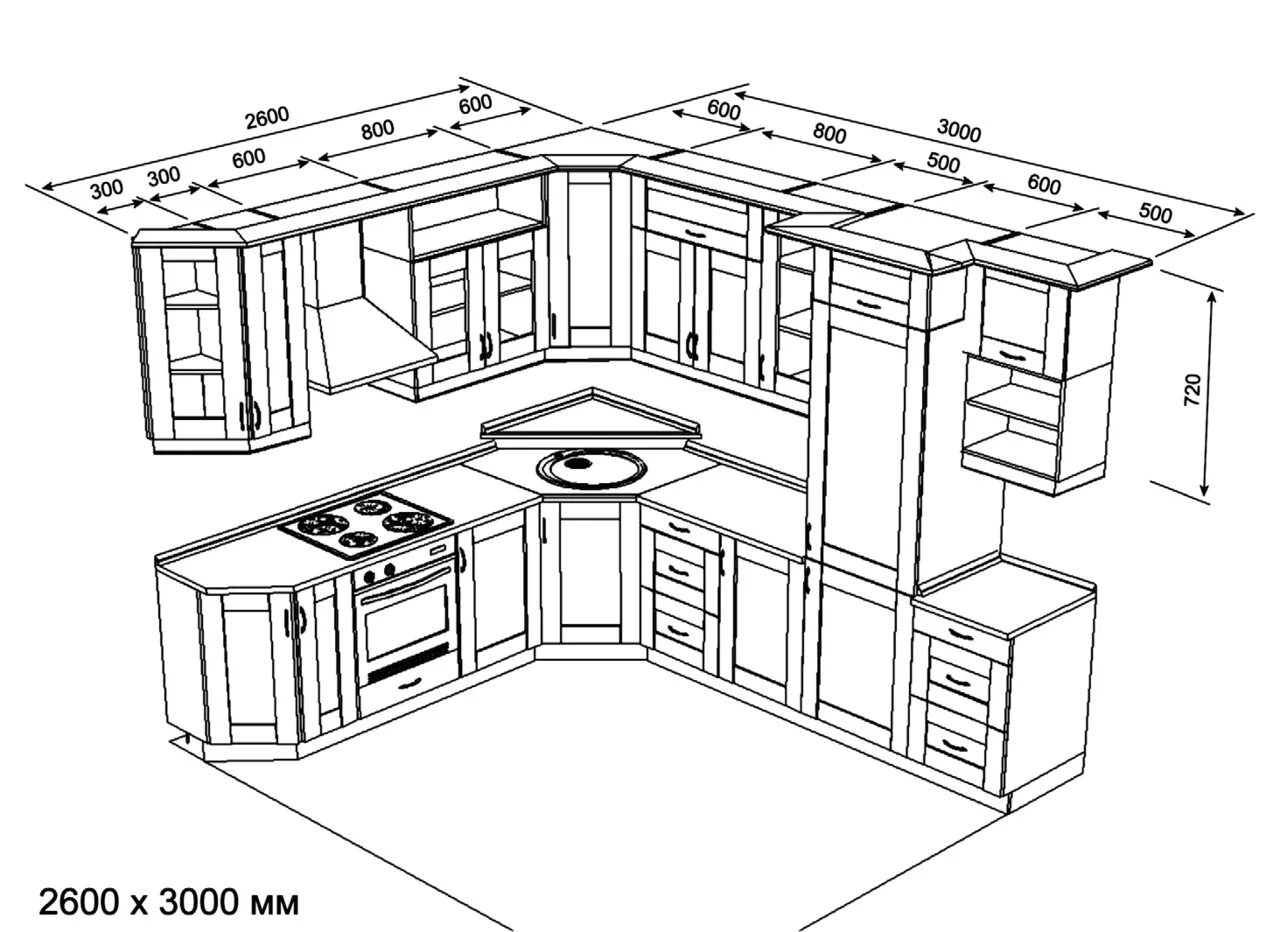 Чертеж угловой кухни