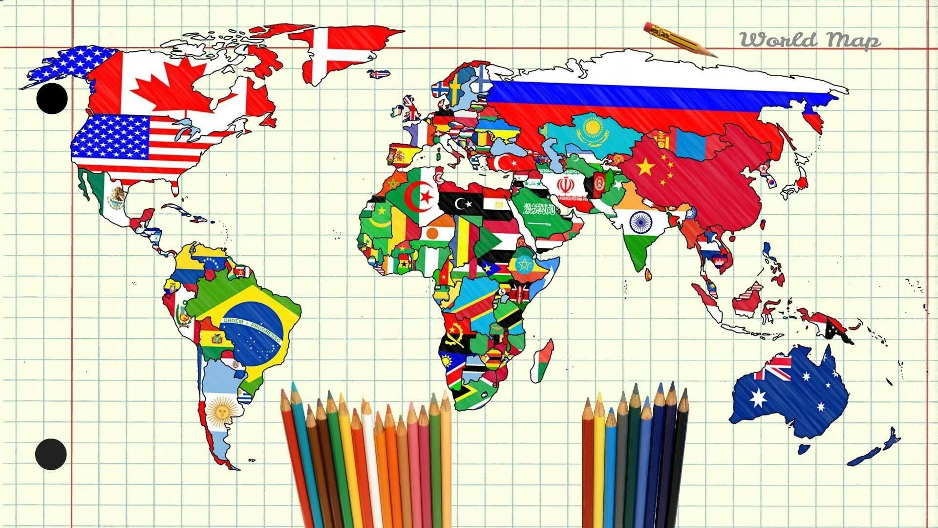 Рисунки всех стран. Мировая карта с флагами.