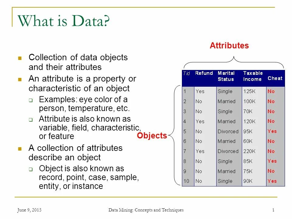 What is an attribute. What is a data. attribute example. data features. what is object.