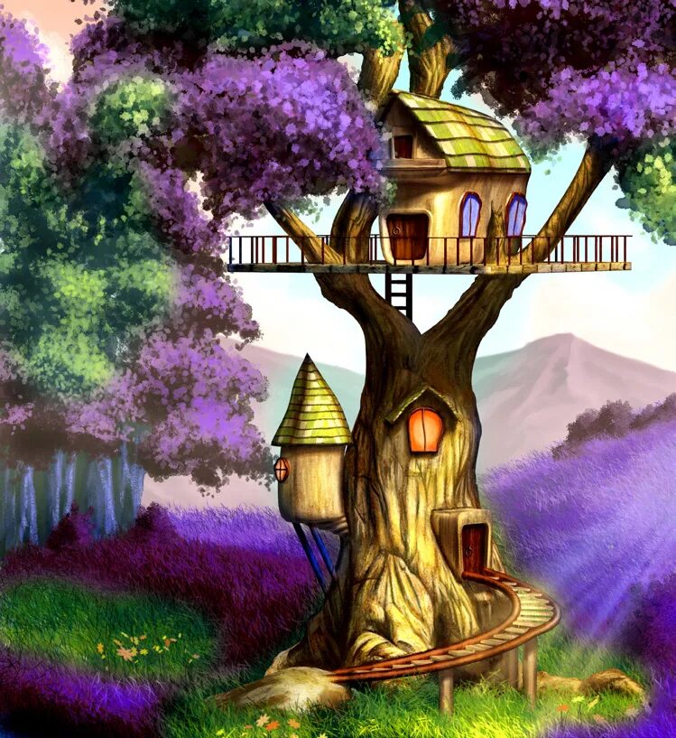 Дом на волшебном дереве. Волшебный домик на дереве аниме. Сказочное дерево. Сказочный лес. Дерево домик живопись.