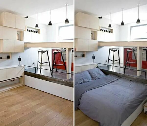 Tiny flat. Кровать для маленькой квартиры студии. Выдвижная кровать в студии. Кровать под кухней. Кровать над кухней.