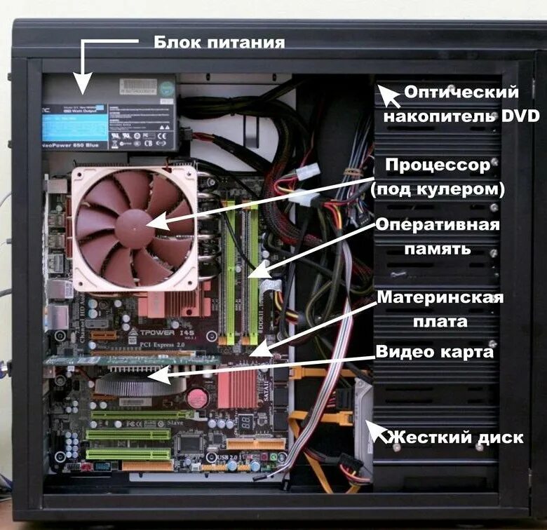 Системный монитор оперативная память. Материнская плата как выглядит в компе. Как выглядит видеокарта в системнике. Строение компьютера. Комплектующие системного блока.