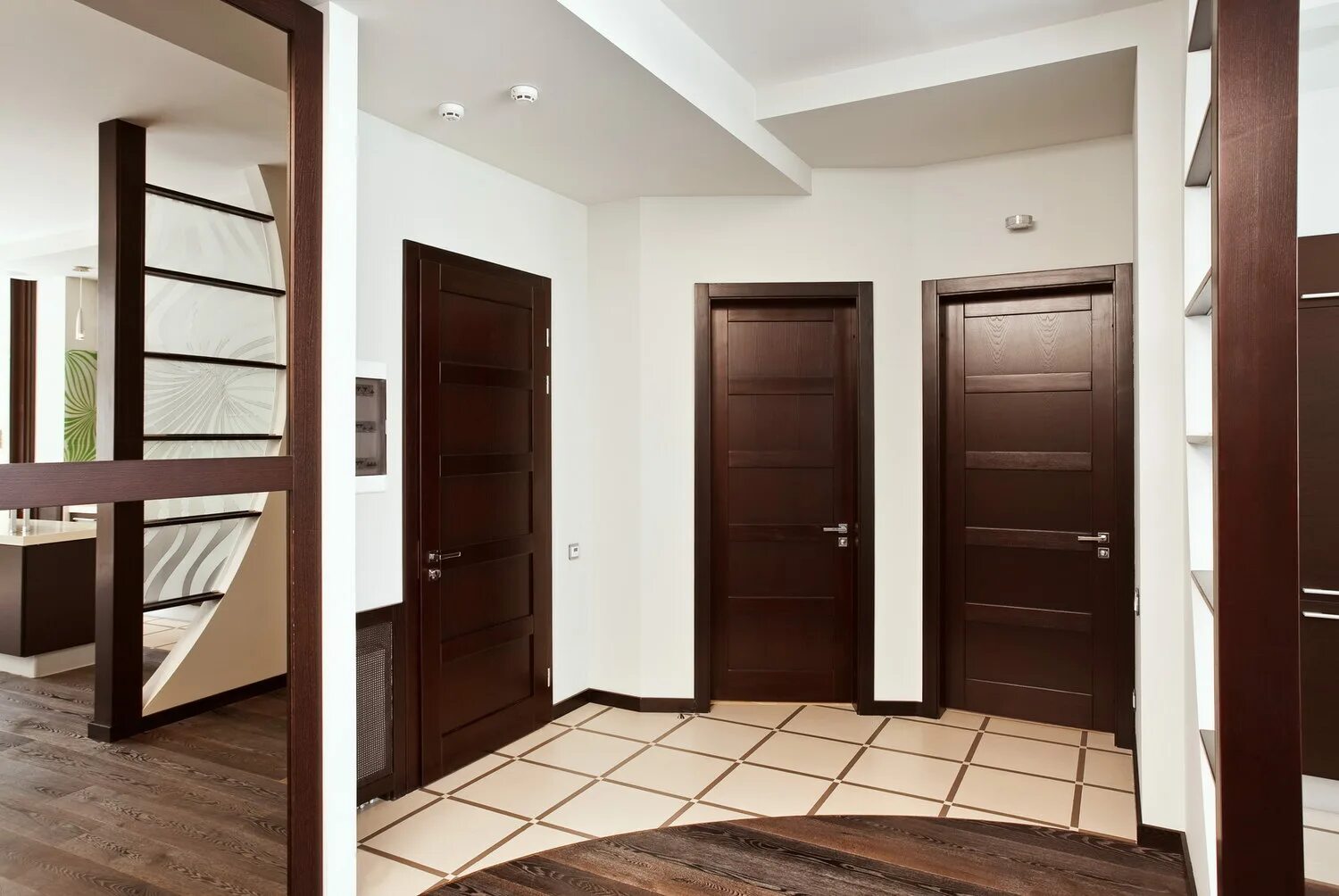 В коридор выходило несколько дверей и пока. Интерьер квартиры с коричневыми дверями. Дверь коричневая. Разные двери в интерьере квартиры. Межкомнатные двери в коридоре.