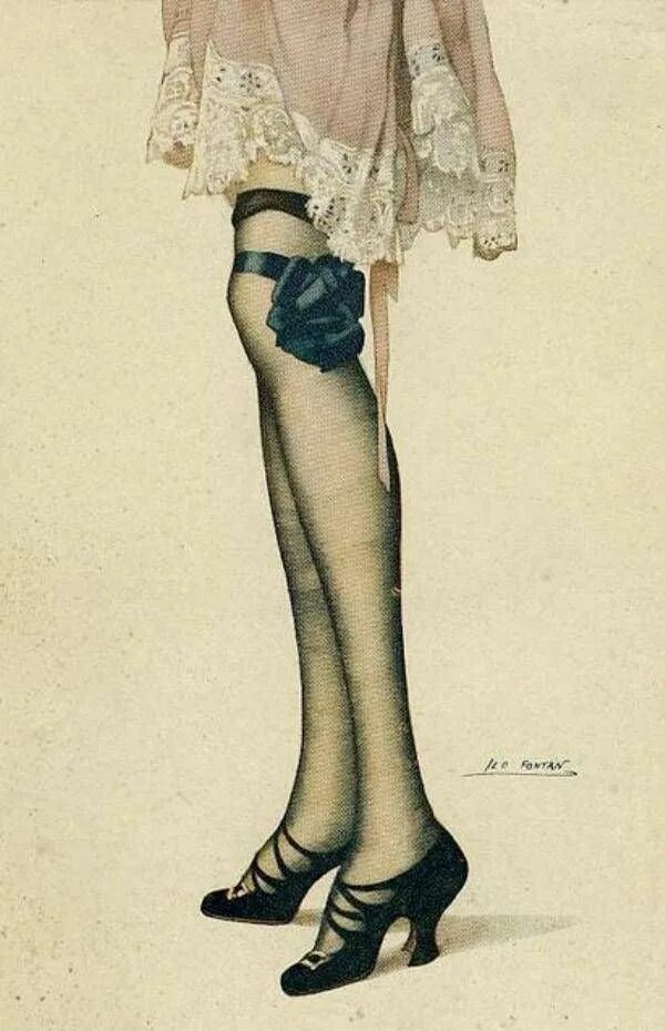 Женщина в винтажных чулках. Leo Fontan (1883-1965). Старинные чулки. Стиль 1920-х годов. Чулки в ретро стиле.