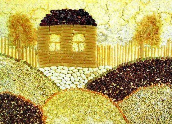 Картины из крупы. Поделки из круп и макаронов. домик из круп. аппликации из круп и макарон. картина из крупы и макарон.