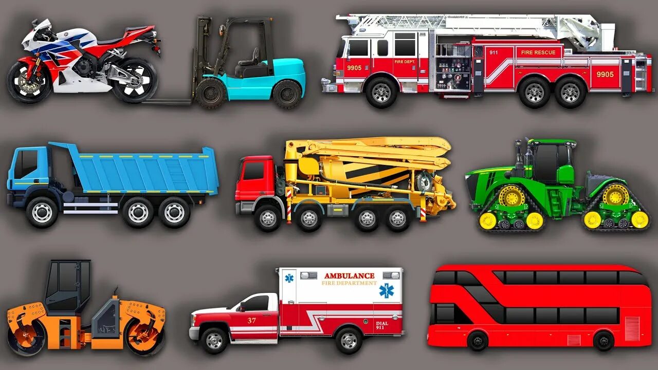 Пожарная машина синий трактор. Транспорт и спецтехника для детей изучаем транспорт.