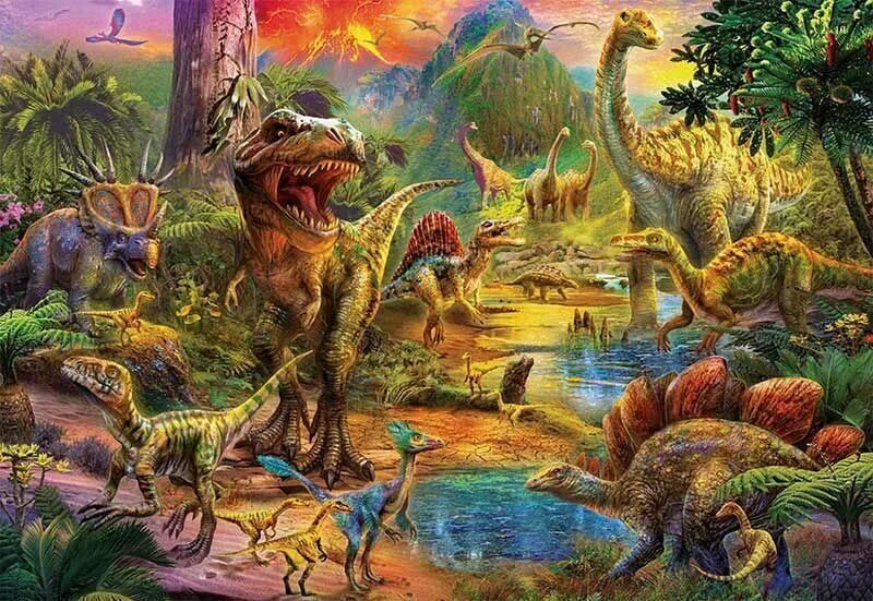 Пазл Trefl мир динозавров (16277), 100 дет.. Пазл "Юрский период" (500 элементов). Динозавры. Пейзаж с динозаврами. Урок мир динозавров