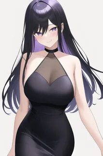 Purple Hair Purple Eyes Long Hair Black Dress Looking At Viewer Simple Back...