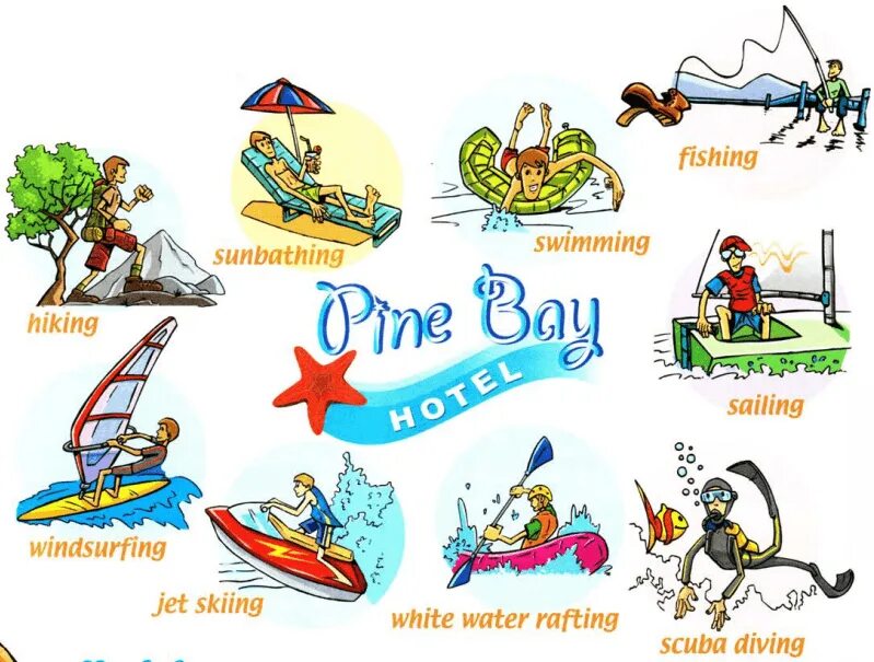 Транскрипция Fishing, Jet Skiing, White Water Rafting. Водные виды спорта на английском. Виды отдыха на английском языке. Летние виды отдыха на английском.