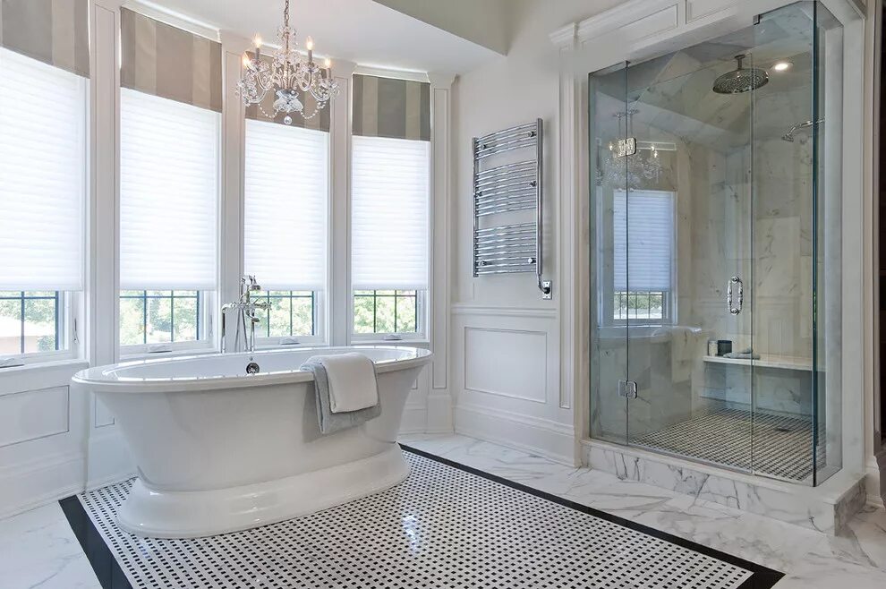 White luxury master bath. White master bath in new construction home with glass 